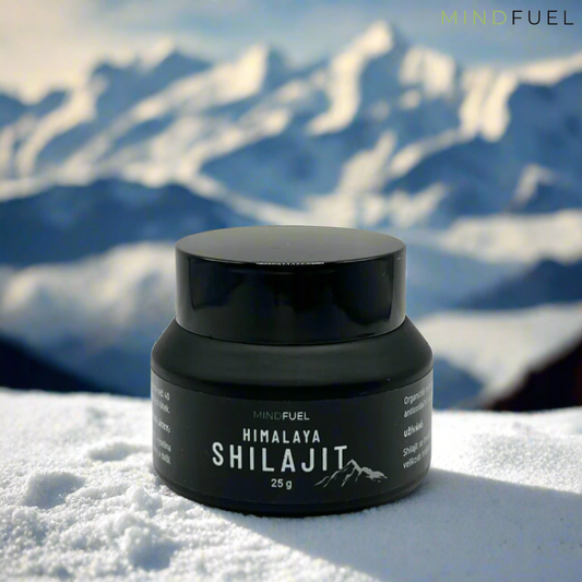 Mindfuel 25g Himalaya Shilajit in a black jar at the top of himalayan snowy mountains 